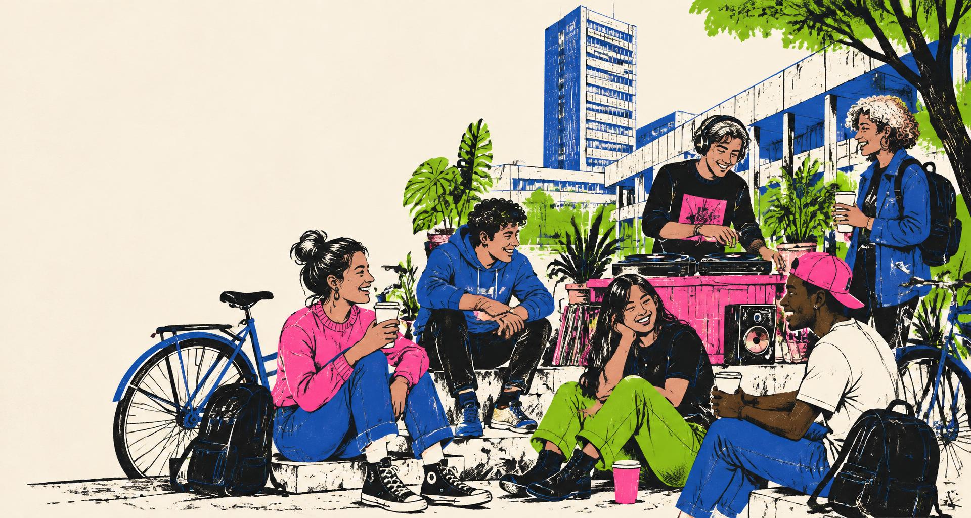 Geïllustreerde studenten met fietsen, koffie en muziek op de campus